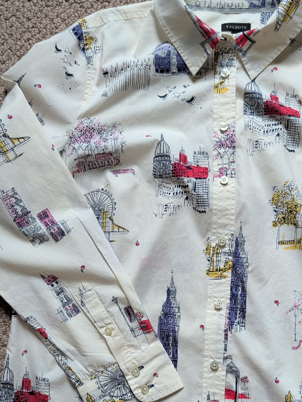 Anglophile Cream Cityscape Print Button-Up Shirt Big Ben London Eye Toile - Picture 13 of 15